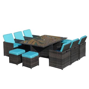 Buttock Brown 11-Piece Wicker Rectangle Outdoor Dining Set with Light Blue Cushions