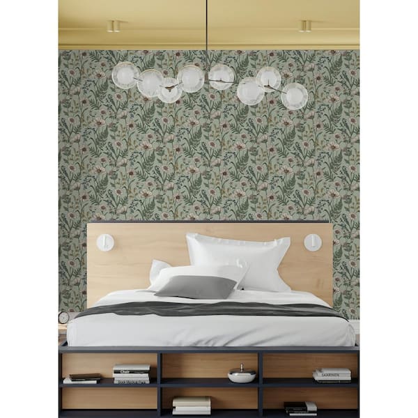 Spring Meadow Green Flowers Peel and Stick Wallpaper