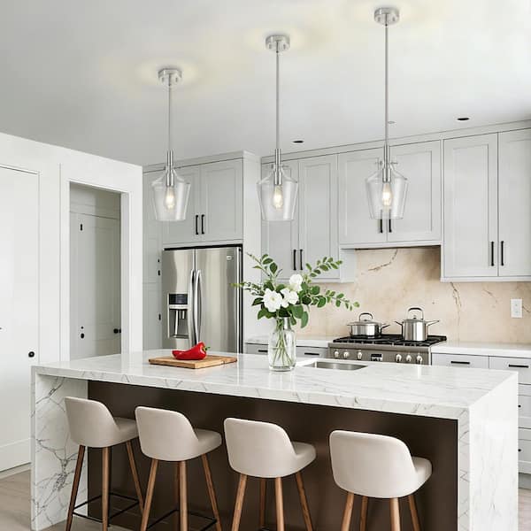 RayHome 60W 8 in. 1-Light Modern Brushed Nickel Adjustable Pendant Hanging Light w/Clear Glass for Kitchen Island Dining