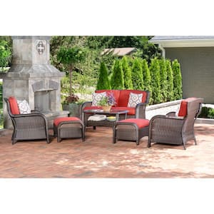 Strathmere 6-Piece All-Weather Wicker Patio Seating Set with Crimson Red Cushions, 4 Pillows, Coffee Table