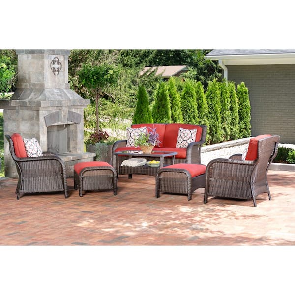 Hanover Strathmere 6-Piece All-Weather Wicker Patio Seating Set with Crimson Red Cushions, 4 Pillows, Coffee Table