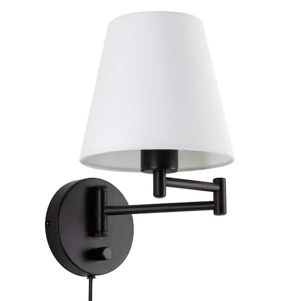 Modern 1-Light Black Swing Arm Wall Lamp with White Fabric Shade and 72" Cord for Bedroom and Foyer