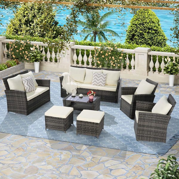 Zeus & Ruta 7-Piece Gray Wicker Outdoor Sectional Set with Beige Cushions
