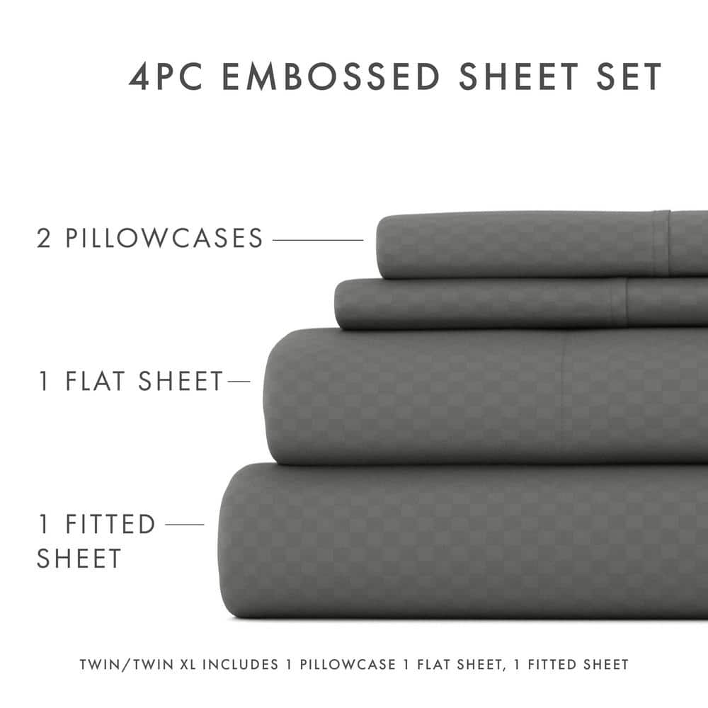 Gray Queen Checkered Embossed Deep Pocket Bed Sheet Set