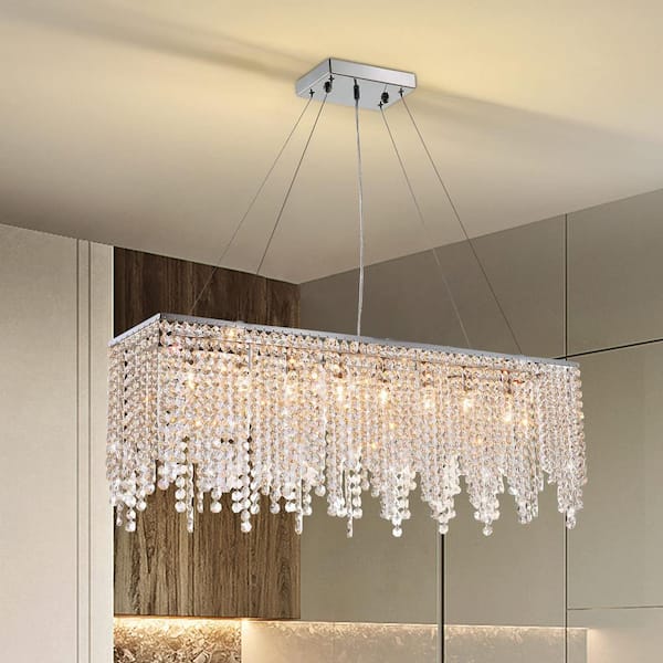 Pacific Core 47 in. 10-Light Chrome Crystal Chandelier Pendant Light Fixture in K9 Raindrop Design for Dining Room and Kitchen Island