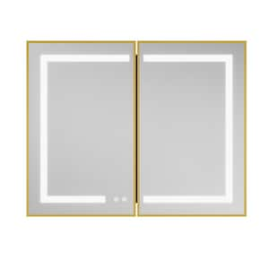 40 in. W x 32 in. H Large Rectangular Gold Wall Mount LED Lighted Medicine Cabinet with Mirror