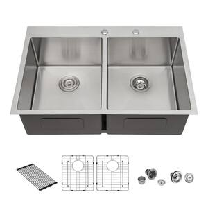 Brushed Nickel 18 gauge Stainless Steel 33 "W Double Bowl Top Mount Kitchen Sink 5/5