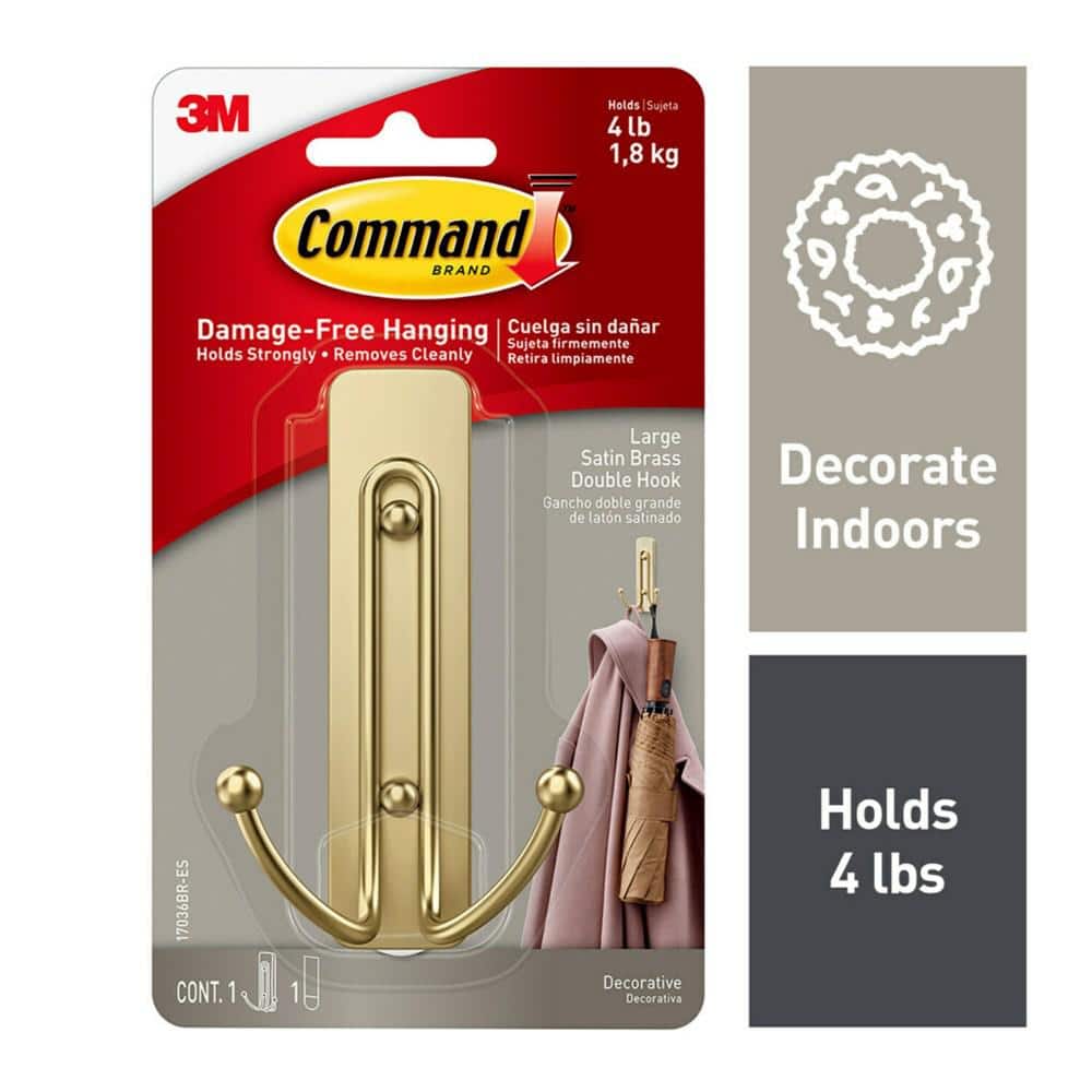 Command Medium Satin Brass Hook, 2 Strips