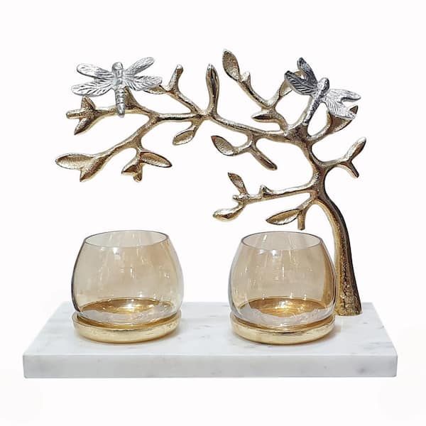 A & B Home Gold/Silver/White Dragonfly Duo Glass Votive Holders on Marble Base