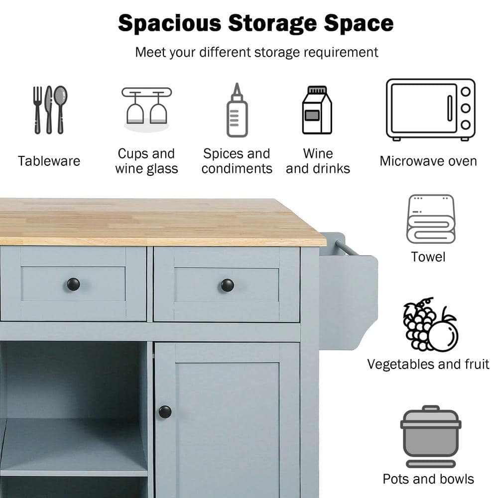 Blue Wood Drop-Leaf Kitchen Cart with Storage and Spice Rack