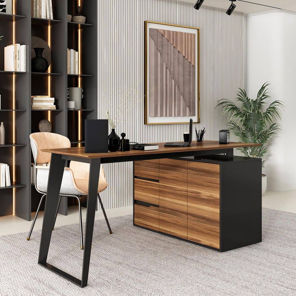 FUFU&GAGA 54.3 in. Reversible L-Shaped Brown Wood Writing Desk Office  Workstation With Adjustable Shelves, Drawers, Doors Cabinet KF210181-01 -  The