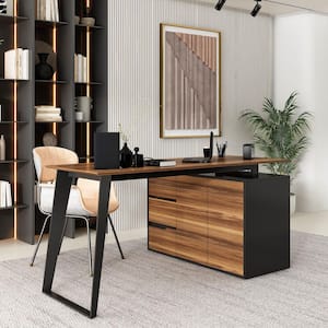 54.3 in. Reversible L-Shaped Brown Wood Writing Desk Office Workstation With Adjustable Shelves, Drawers, Doors Cabinet