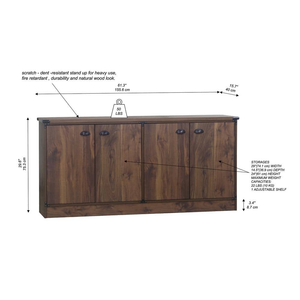 Saint Birch Dark Walnut 4-Door Credenza with Adjustable Shelves