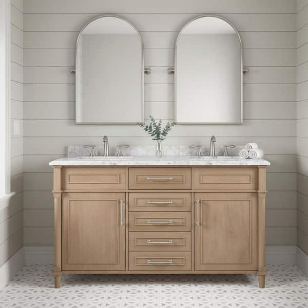 Aberdeen 60 in. Double Sink Antique Oak Bath Vanity with Carrara Marble Top (Assembled)