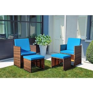 4-Pieces Patio Wicker Furniture Set Outdoor Patio Chairs with Ottomans and Cushion (Blue)