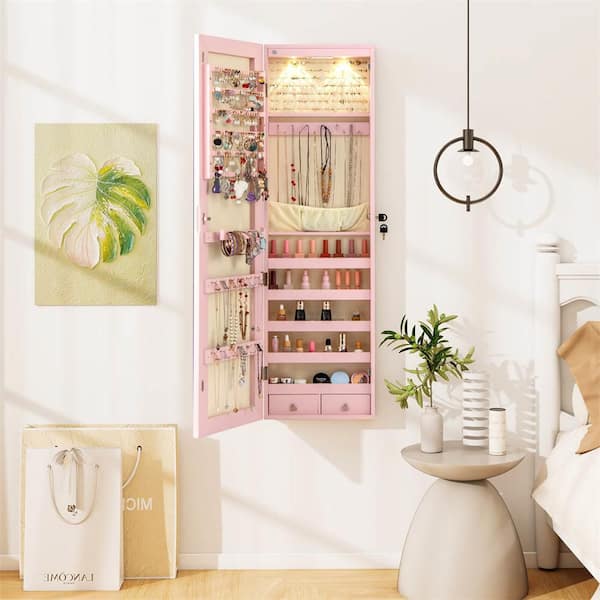 Costway Pink MDF Mirrored Wall & Door Mounted Jewelry Cabinet