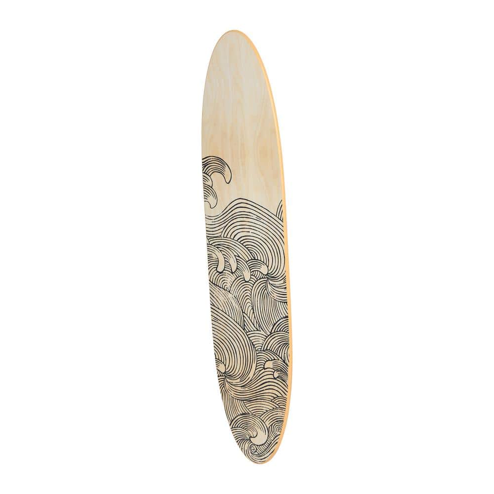 Natural Wood Coastal Surfboard Wall Art with Wave Design