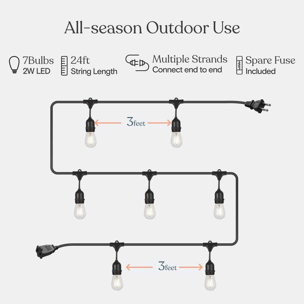 24 ft Black LED Outdoor String Lights with Warm White Edison Bulbs