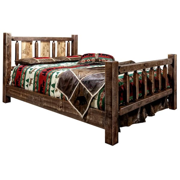 MONTANA WOODWORKS Homestead Collection Medium Brown King Laser Engraved Wolf Motif Spindle Style Bed