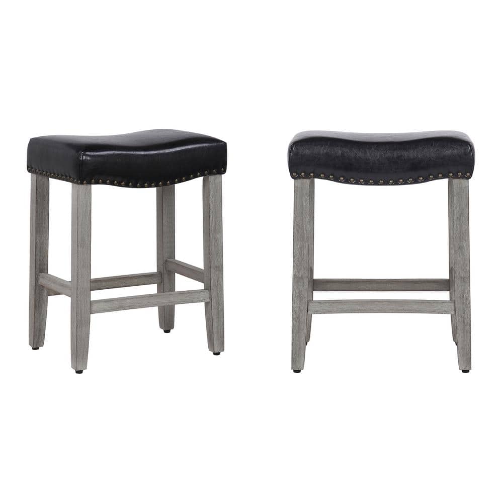 24" Antique Gray Leather Saddle Style Backless Bar Stool