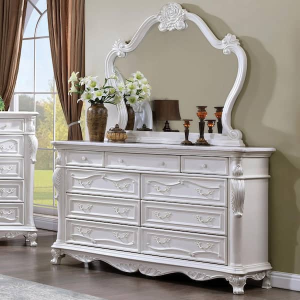 Furniture of America Feliciano White 9-Drawer 70.5 in. Dresser with Mirror with Felt Lined Top Drawer and Carved Details