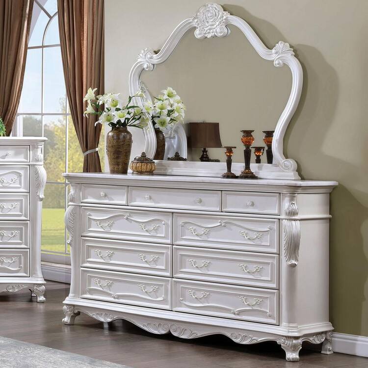 Furniture of America Feliciano White 9-Drawer 70.5 in. Dresser with Mirror with Felt Lined Top Drawer and Carved Details
