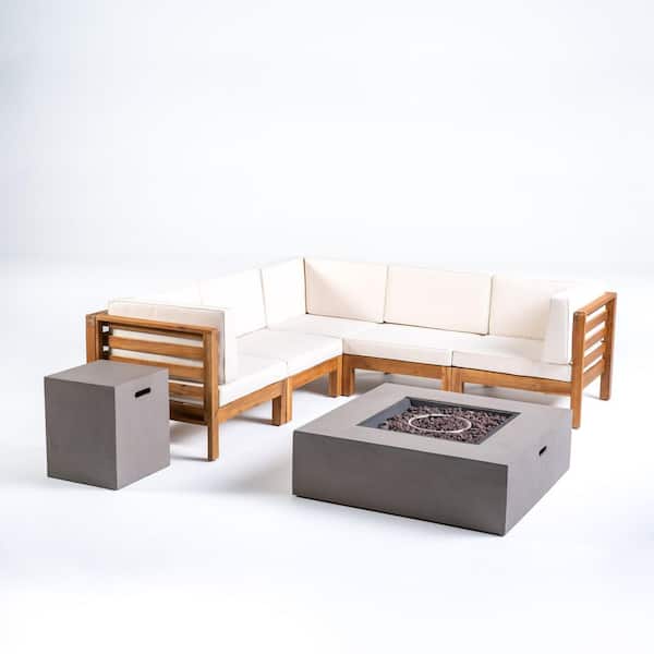 Noble House Oana Teak Brown 7-Piece Wood Outdoor Patio Fire Pit Sectional Seating Set with Beige Cushions