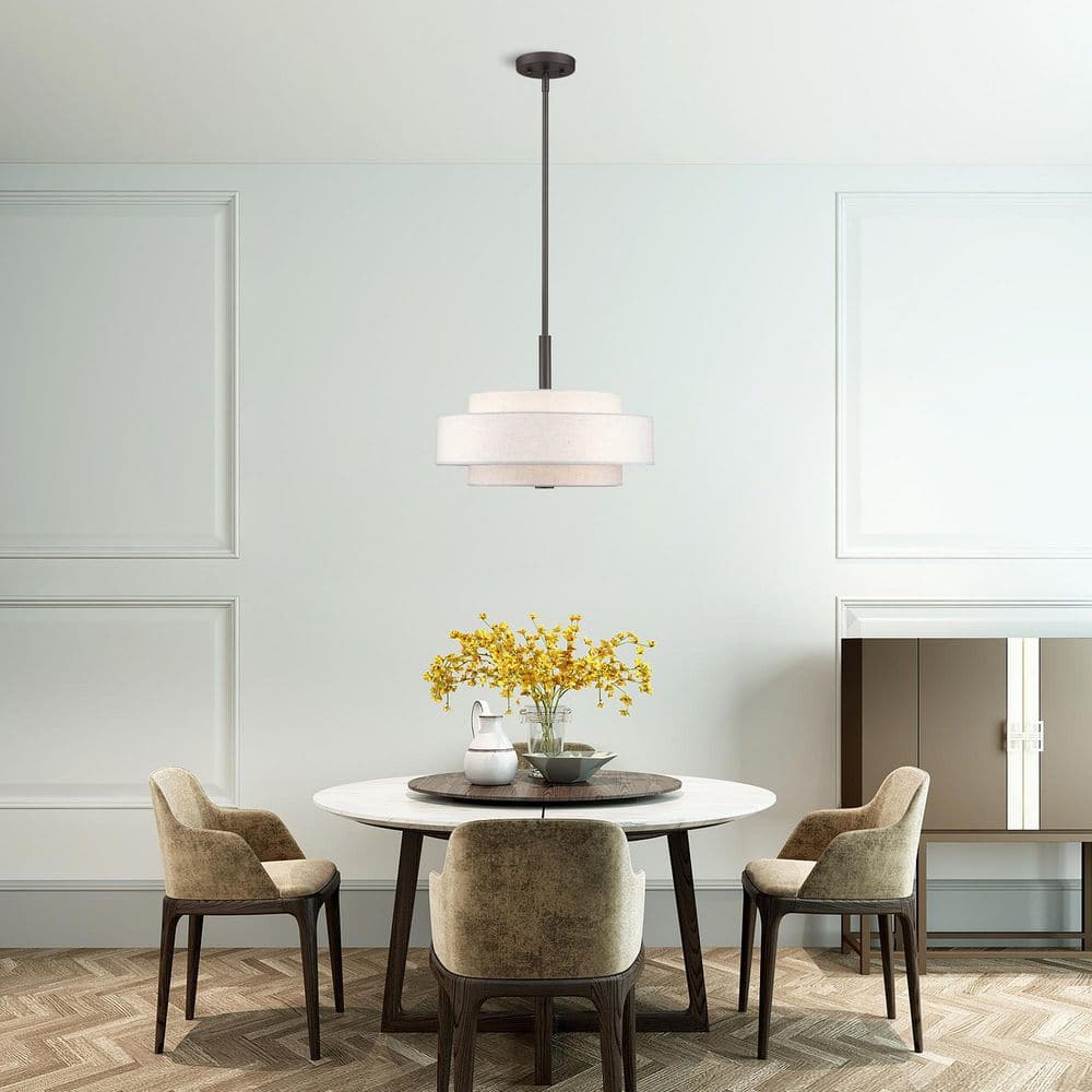 Meridian English Bronze 4-Light Indoor/Outdoor Drum Pendant with Oatmeal Shade