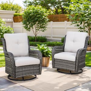 Gray Swivel Wicker Outdoor Rocking Chair with Beige Cushions and Glide Function (2-Pack)