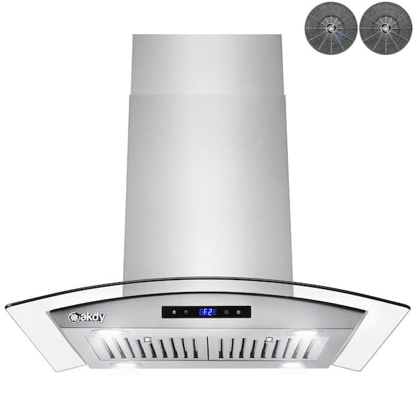 AKDY 30 in. 343 CFM Convertible Island Mount Range Hood with Tempered Glass and Carbon Filters in Stainless Steel