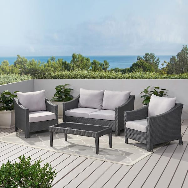 Noble House Antibes Grey 4-Piece Faux Rattan Patio Conversation Set with Silver Cushions