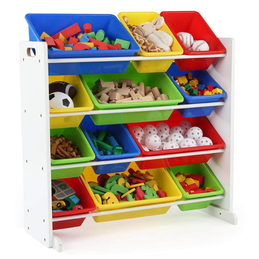 White and Primary Kids' Toy Storage Organizer with 12 Plastic Bins