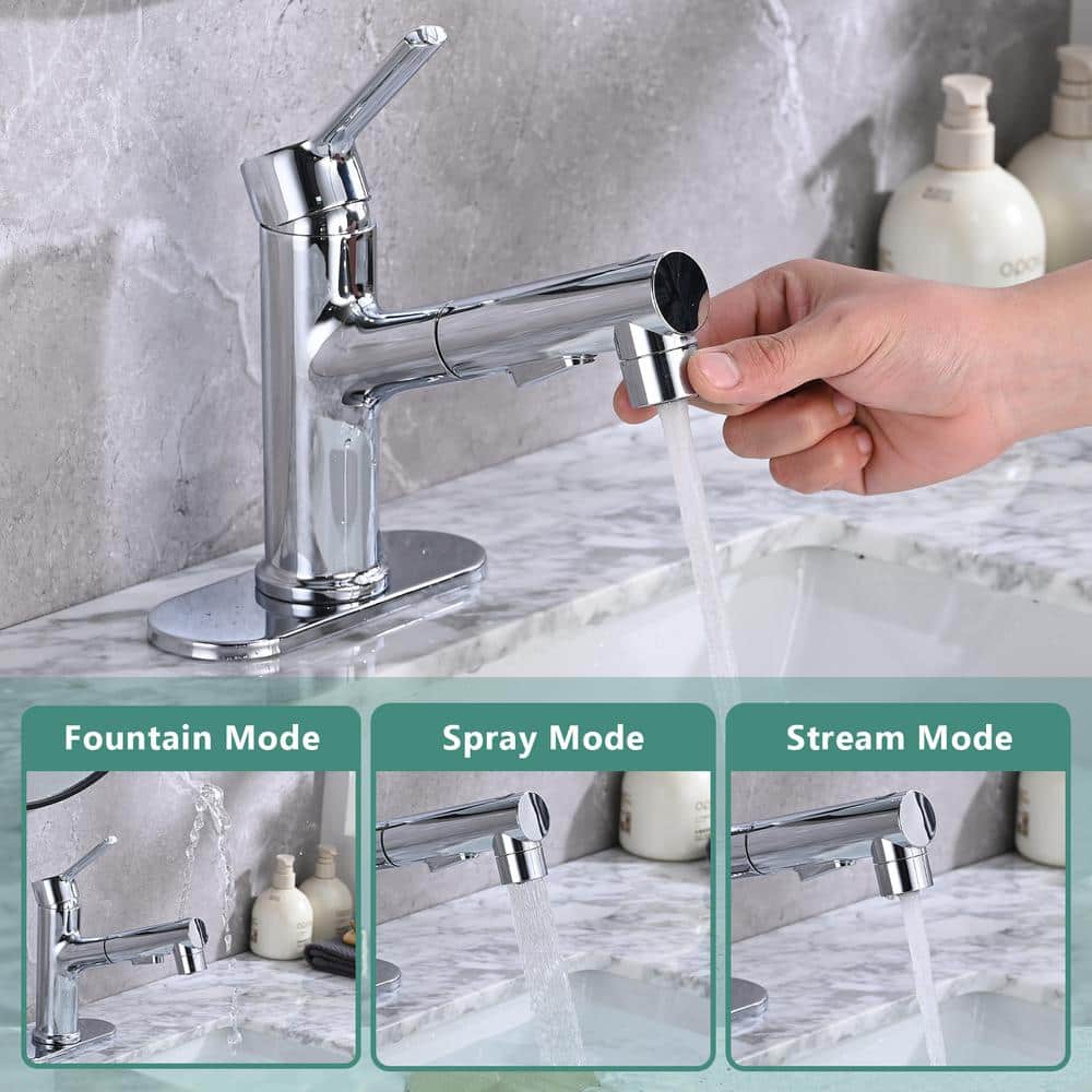 Chrome Single Handle Bathroom Faucet with Pull Out Sprayer