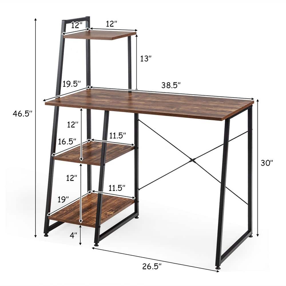 Elegant Corner Writing Desk with 4-Tier Open Shelves in Brown