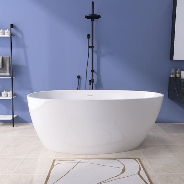 Moray 59 in. x 30 in. Acrylic Flatbottom Freestanding Soaking Non-Whirlpool Bathtub with Pop-up Drain in Glossy White