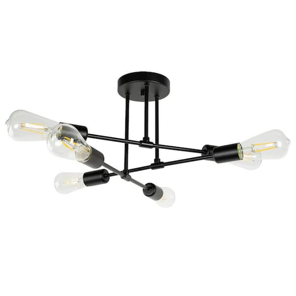 16 In. 6-Light Modern Black Branch Chandelier Semi Flush Mount Ceiling Light Fixture with E26 Socket, Bulbs Not Included