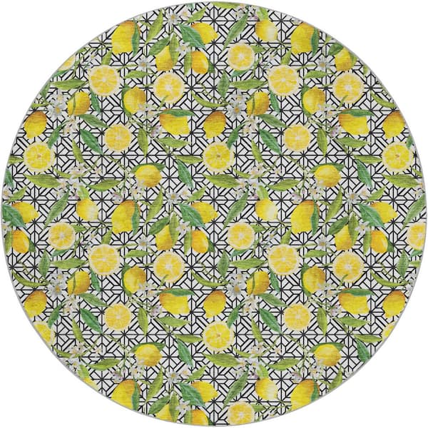 Dream Shag Premium Machine Washable Abstract ADS160 Yellow 8 ft. x 8 ft. Round Rug