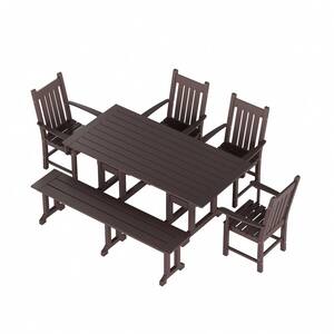 Hayes 6-Piece HDPE Plastic Outdoor Patio Rectangle Table Dining Set with Bench and Armchairs in Dark Brown