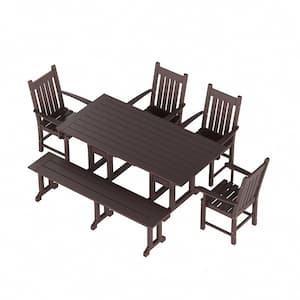 Hayes 6-Piece HDPE Plastic Outdoor Patio Rectangle Table Dining Set with Bench and Armchairs in Dark Brown