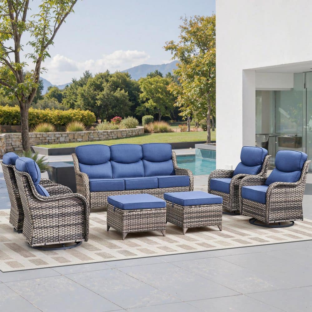 Moonluxe 7-Piece Gray Swivel Glider Wicker Patio Conversation Set with Navy Blue Olefin 6 In. Thick Cushion/Ottomans price history on PriceWatchPro