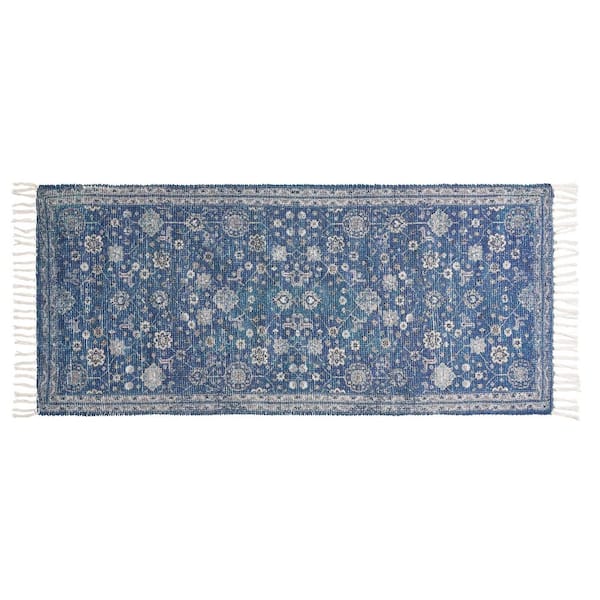 Chinille Fringe Machine Washable Blue 2 ft. x 5 ft. Floral Accent Rug