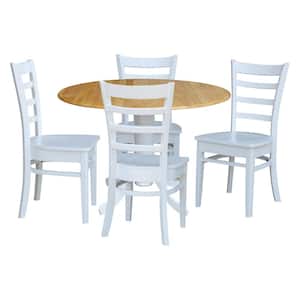 5-Piece 42 in. White and Natural Dual Drop Leaf Table Set with 4-Side chairs