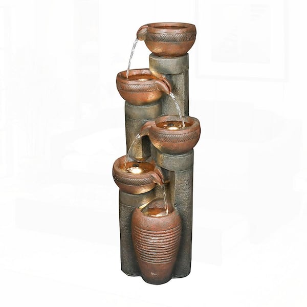 Rustic 39. 7in. H Polyresin Waterfall Floor Tiered Fountain with LED Lights for Garden, Patio, Deck, Porch, Yard Decor