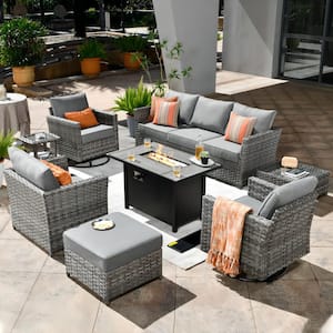 Hanes Gray 10-Piece Wicker Patio Fire Pit Sectional Seating Set with Dark Gray Cushions and Swivel Rocking Chairs