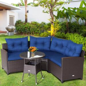 4-Piece Wicker Patio Conversation Set with Navy Cushions