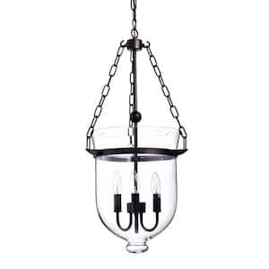 Condord 3-Light 13 in. Traditional Antique Bronze Finish Bell Jar Lantern Pendant with Clear Glass Shade
