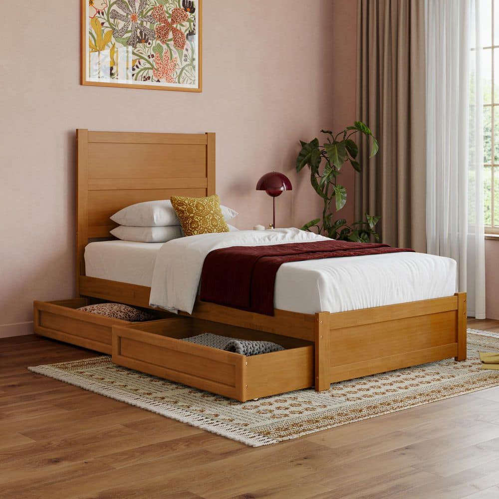 Aveline Light Toffee Natural Bronze Wood Frame Twin XL Platform Bed with Matching Footboard and Storage Drawers price history on PriceWatchPro