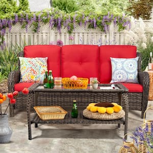 Wicker Outdoor Patio 3 Seat Sofa Couch with Red Cushion