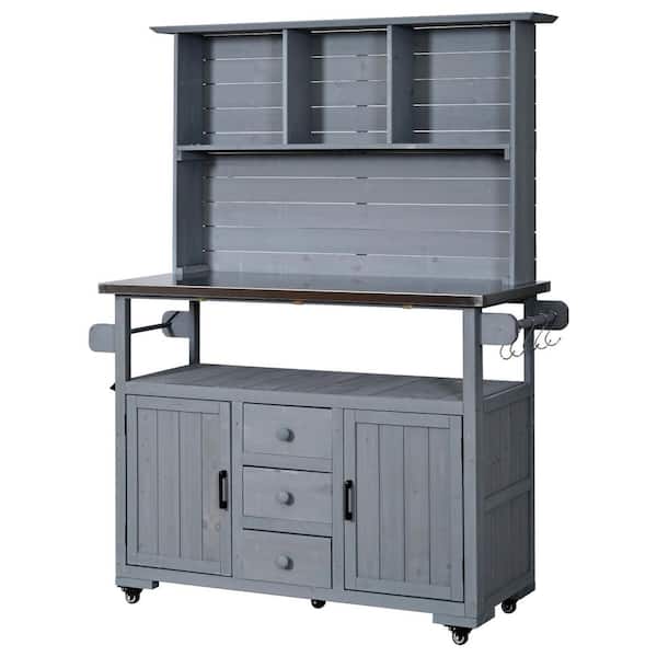 Breckin 47.2 in. W x 19.3 in. D x 65 in. H Gray Wood Outdoor Potting Bench with 2 Doors and 3 Drawers