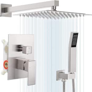 1-Spray Square 10 in. Shower Head Brass Wall Bar Shower Kit with Valve and Hand Shower Rainfall Shower in Brushed Nickel